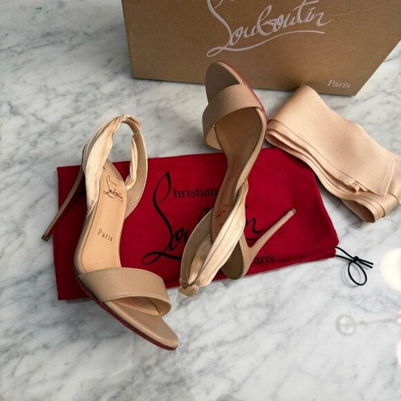 CHRISTIAN LOUBOUTIN Sandale Du Desert 100 Leather Satin Sandals nude Beige - Picture 6 of 10